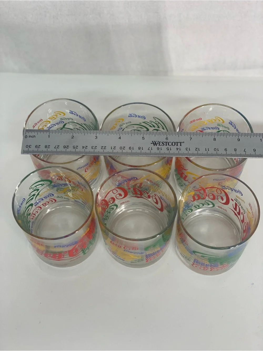 Coca Cola Set of 6 Multicolor Logo Glass 12 ounce Retro Repeated Logo Colorful